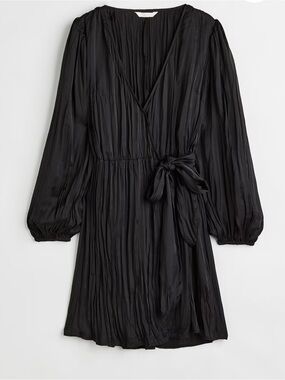 Elegant Balloon Sleeve Plisse Wrap Dress- Black - S